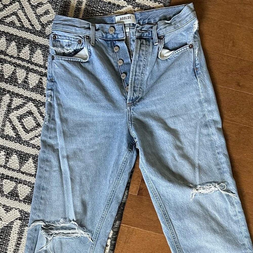 AGOLDE 90s High Rise Loose Fit‎ Straight Jeans 24 Light Wash Distressed Denim